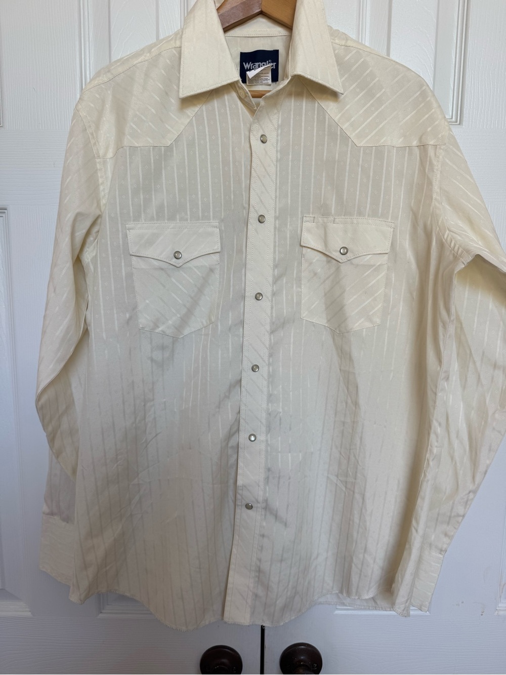 Wrangler Mens Sport Western Dobby Tonal Stripe Pearl Snap Shirt L Tan Ecru